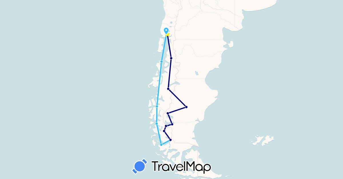 TravelMap itinerary: driving, boat in Argentina, Chile (South America)
