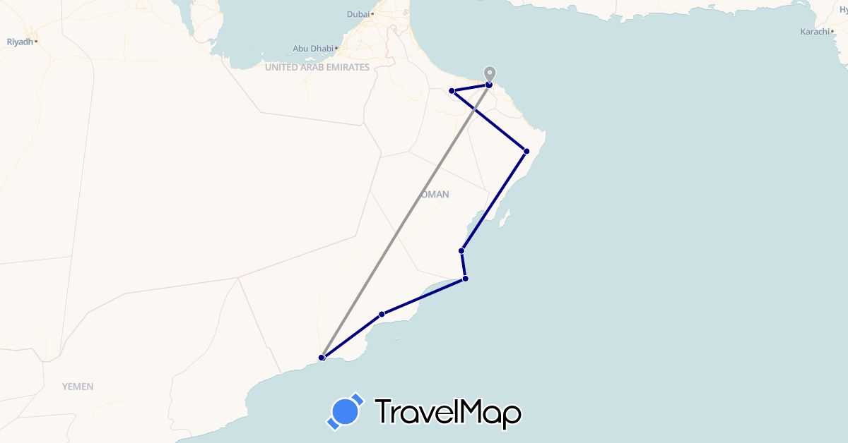 TravelMap itinerary: driving, plane in Oman (Asia)
